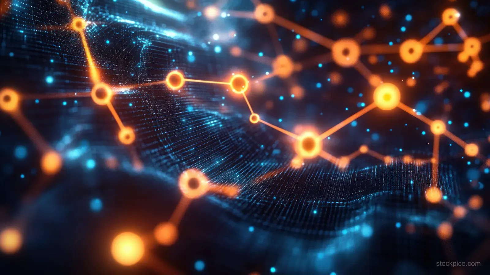 Glowing orange network nodes connected by lines over a flowing blue matrix grid background.