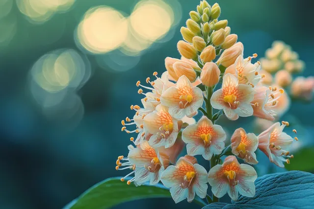 Macro close-up of a horse chestnut flower cluster with delicate petals and soft bokeh greenery behind it.