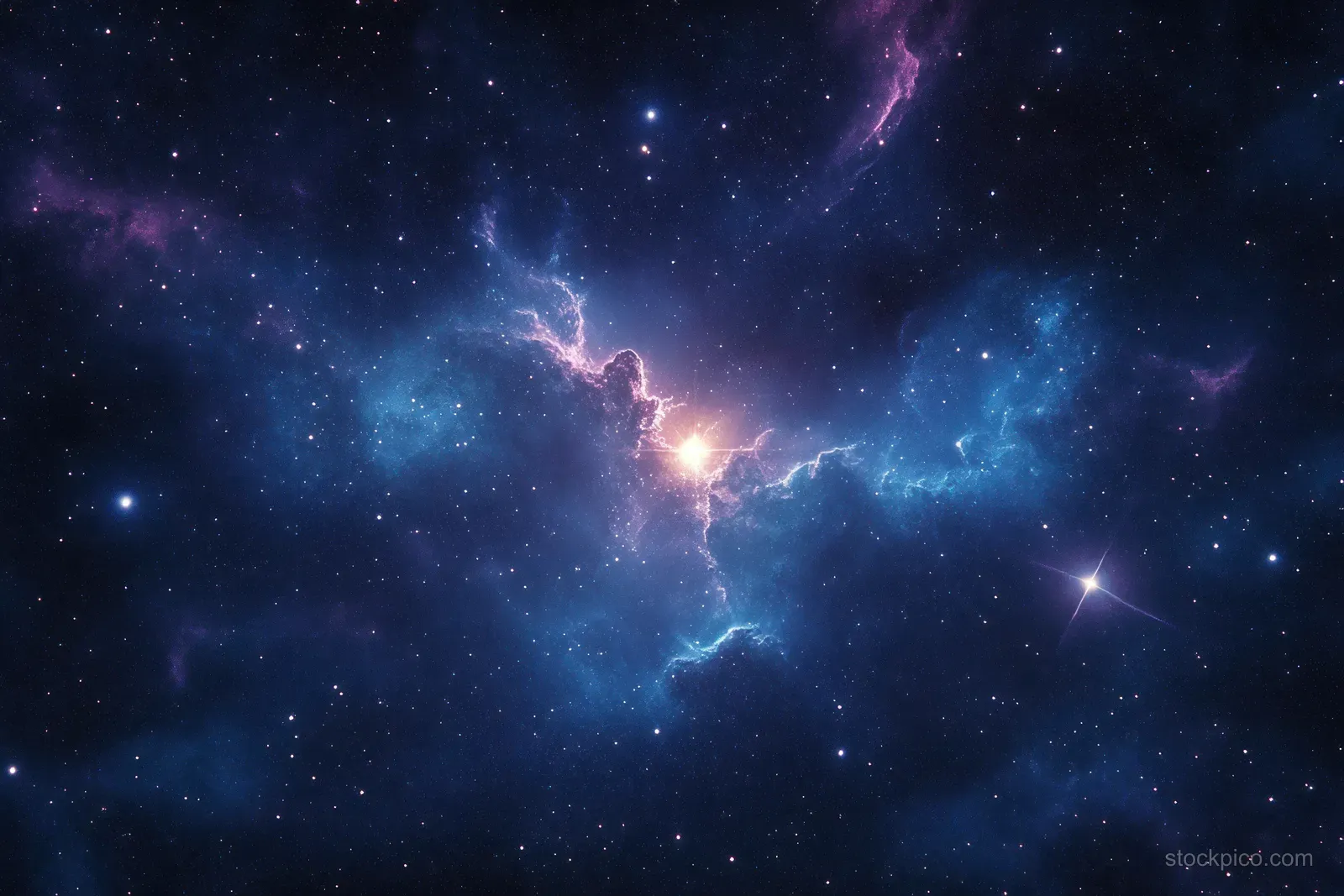 A bright star cluster glows inside a blue and purple nebula cloud against a dark star-filled space background.