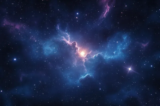 A bright star cluster glows inside a blue and purple nebula cloud against a dark star-filled space background.