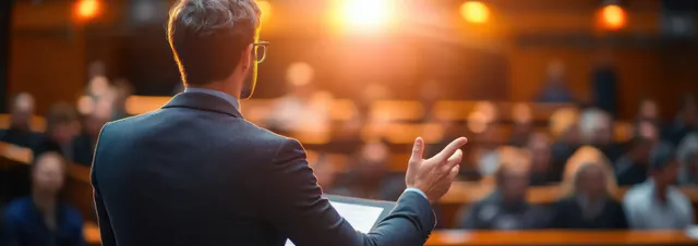 A presenter gestures toward a projected AI strategy slide while an audience watches from seated rows.