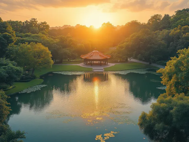 Sunset lake reservoir with gazebo pavilion, golden reflections, surrounded by green trees
