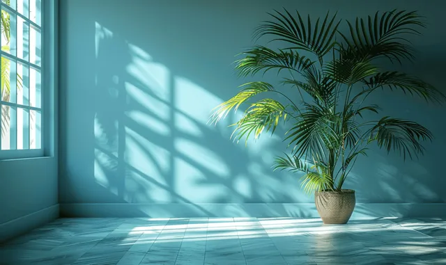 Palm plant casting light-blue leaf shadows across empty indoor room floor