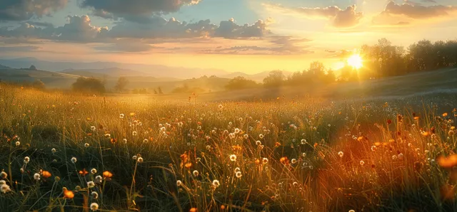 Sunrise over a summer meadow with wildflowers, golden light, and misty horizon
