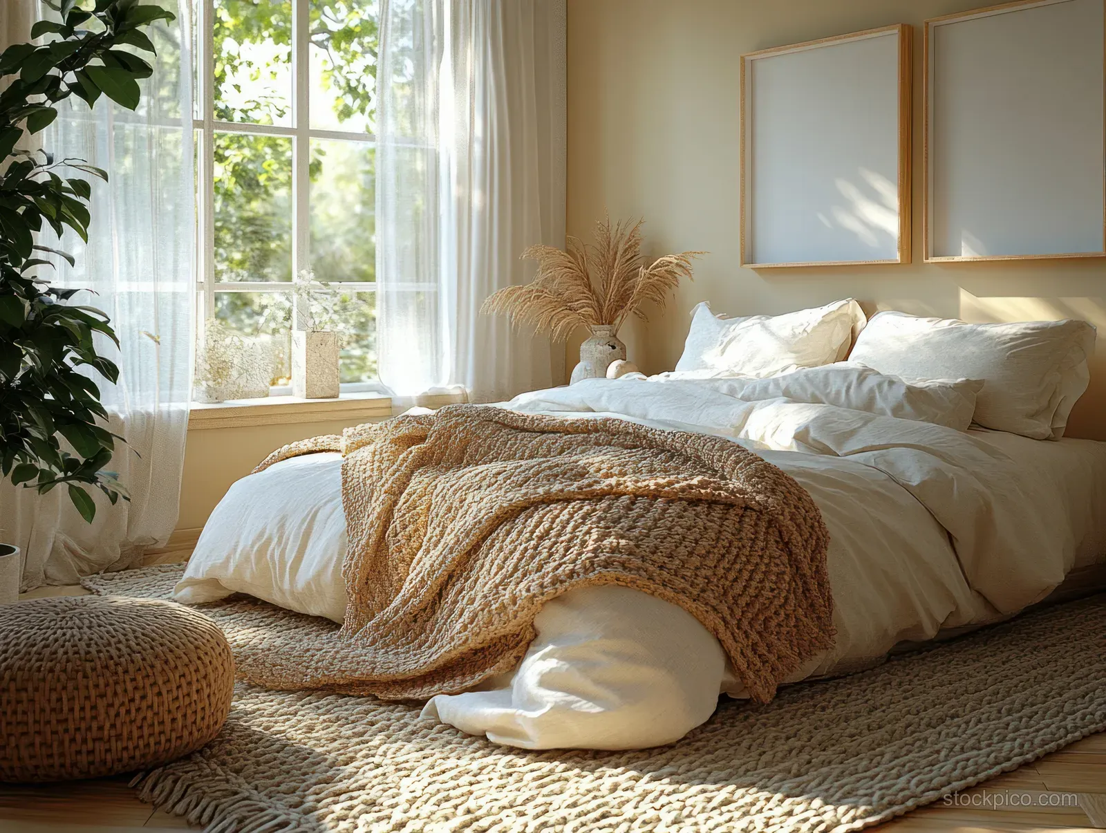 Sunlit minimalist bedroom with a made bed, linen pillows, and a chunky knit throw on a textured rug.