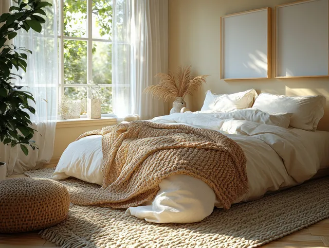 Sunlit minimalist bedroom with a made bed, linen pillows, and a chunky knit throw on a textured rug.