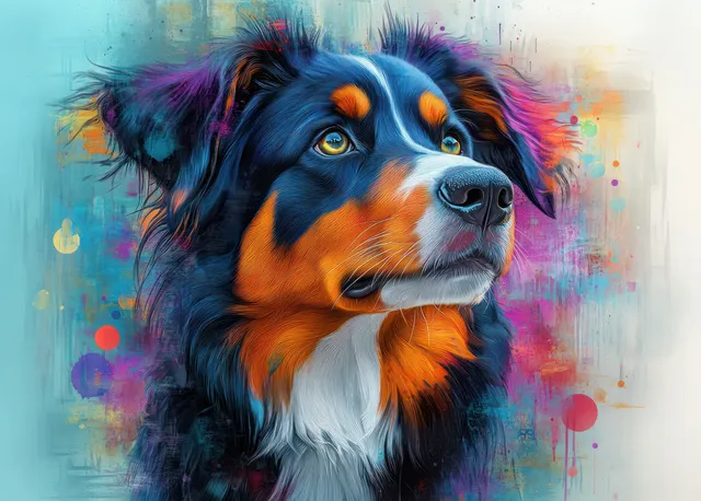 Australian Shepherd dog portrait in watercolor dreamscape with purple-blue flowers and splashes