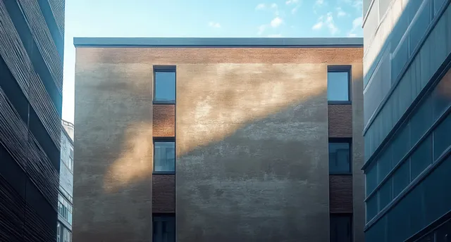 Sunlight casts geometric shadows over a textured brick building wall between two modern structures.