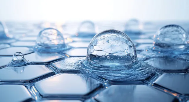 Water-like collagen serum droplets sit on a hexagonal patterned surface with bright reflections and soft light diffusion.