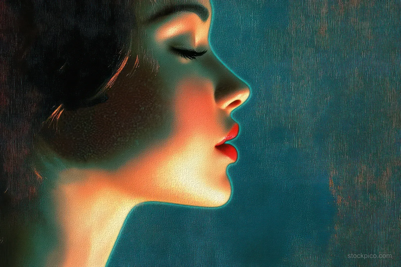 A serene woman in side profile with closed eyes and glowing skin, lit by warm light on a dark textured background.