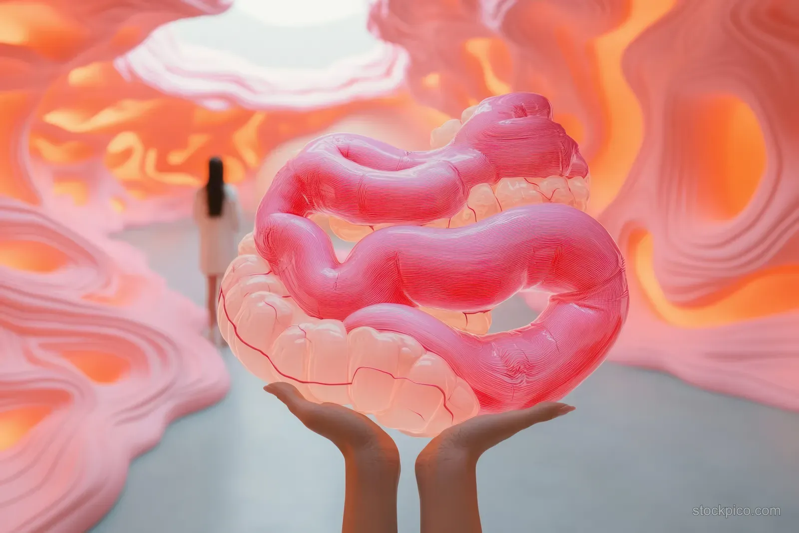 Abstract anatomy hand holds a glowing intestine shape against a warm swirling background.