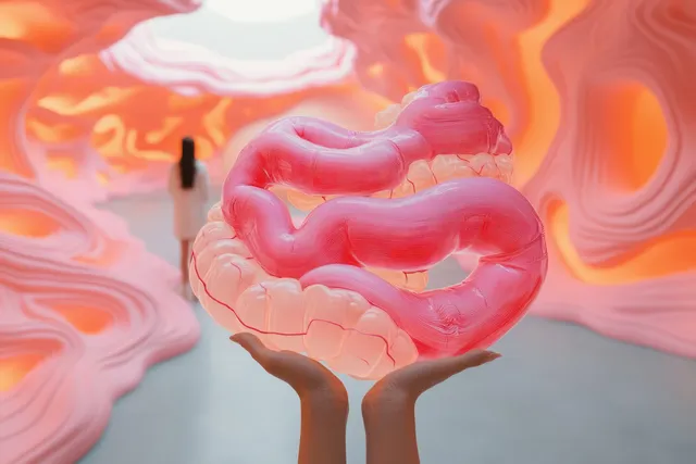 Abstract human anatomy figure holding an intestine shape for gut health balance