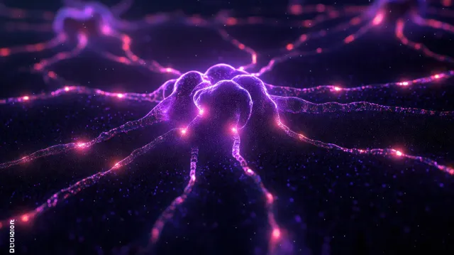 Purple glowing neuron fibers branch outward in a dark cyberpunk brain network diagram.