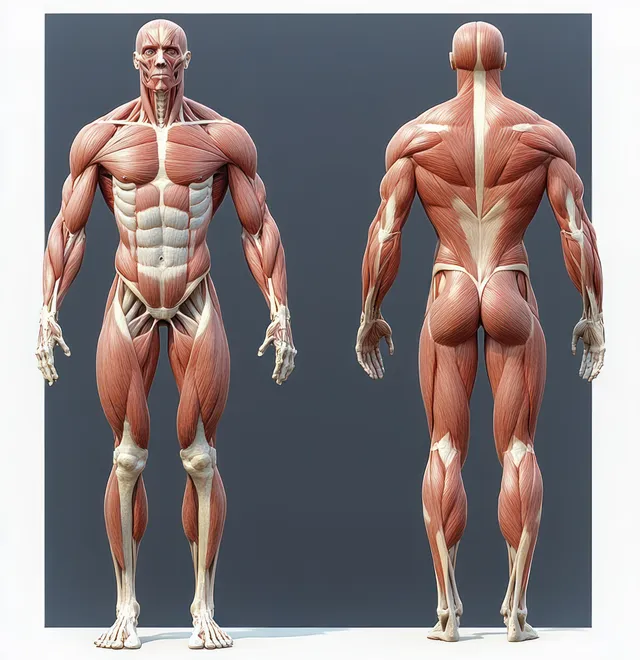 Muscular male anatomy cutaway front and back views with dramatic rim lighting