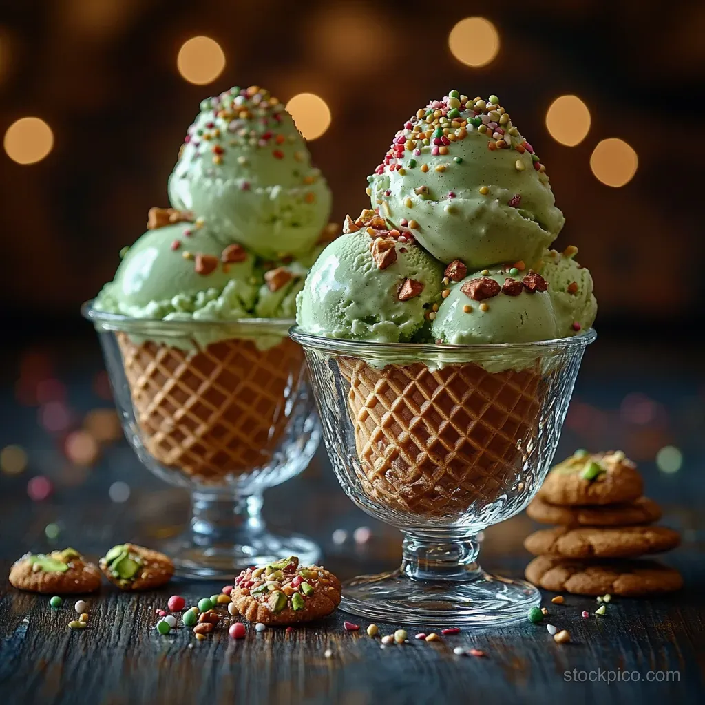 Two pistachio ice cream glass cups with sprinkles and chopped nuts sit on a wooden table near cookies under warm bokeh lights.