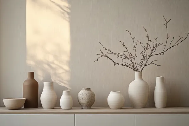 Ceramic vases and twig branches arranged on a wooden sideboard in a sunlit living room.