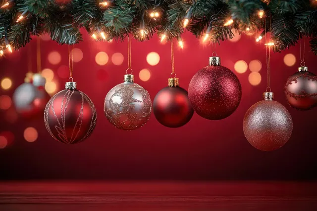 Shiny Christmas ornaments hang on pine branches with warm glowing string lights