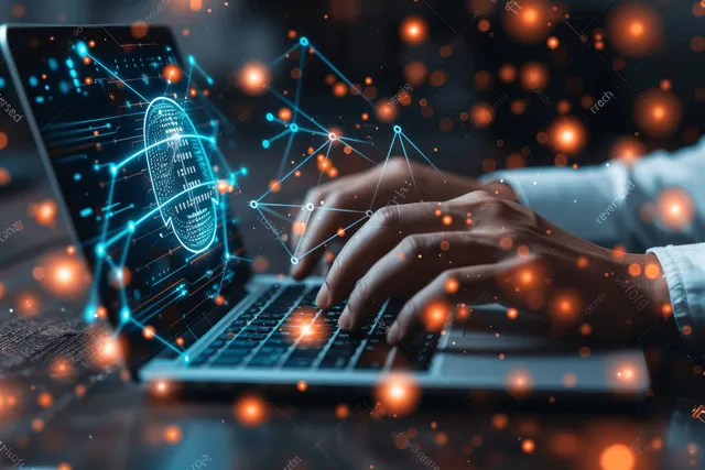 Hands typing on laptop with glowing AI risk shield and network analytics overlay