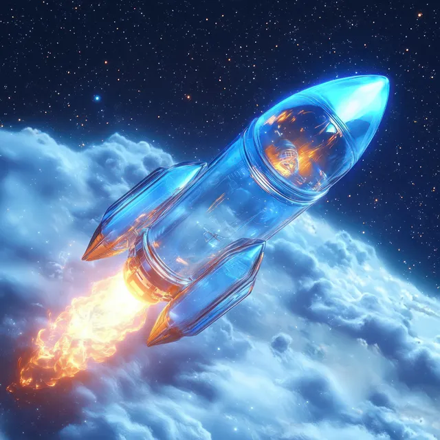 A glowing futuristic rocket launches above clouds in space, surrounded by stars and a blue aura.