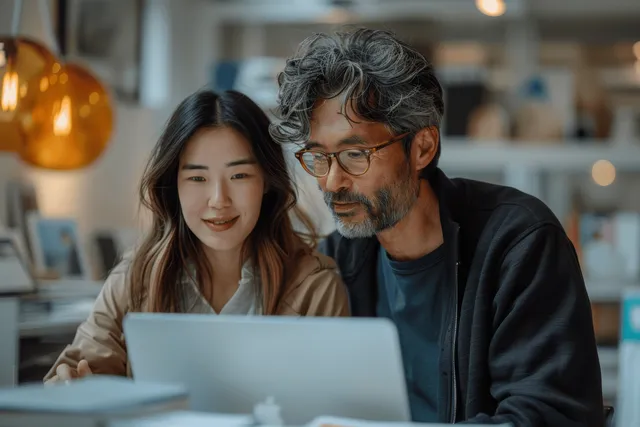 Two coworkers review a digital project on a laptop at a softly lit office desk