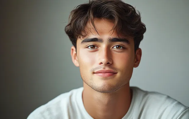 Smiling young Asian man in minimalist half-body portrait with soft natural light with Neutral Studio Background