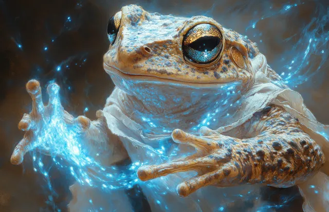 Frog wizard casting glowing blue spell from parchment, fantasy scene with swirling magic
