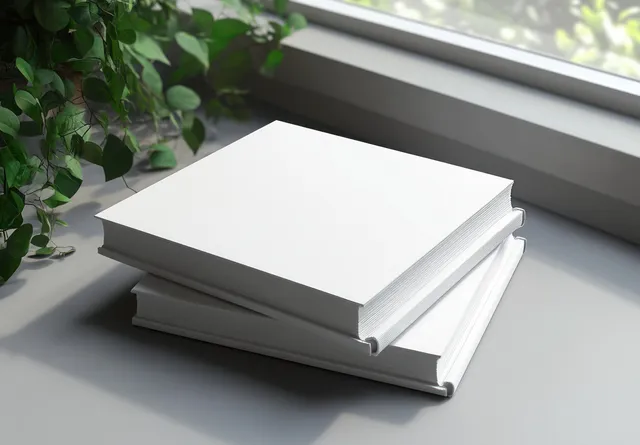 Minimalist stack of blank white books angled on gray tabletop under soft natural window light