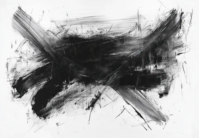 Chaotic black and gray brush strokes cross over white, with rough smudges and scratches