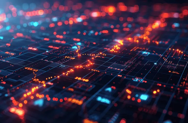 Glowing data points and candlestick-style lines on a dark digital grid resembling a stock market trading chart.