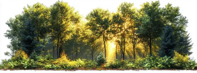 Morning sunlight beams through dense evergreen trees, highlighting lush green undergrowth and shrubs on the forest floor.