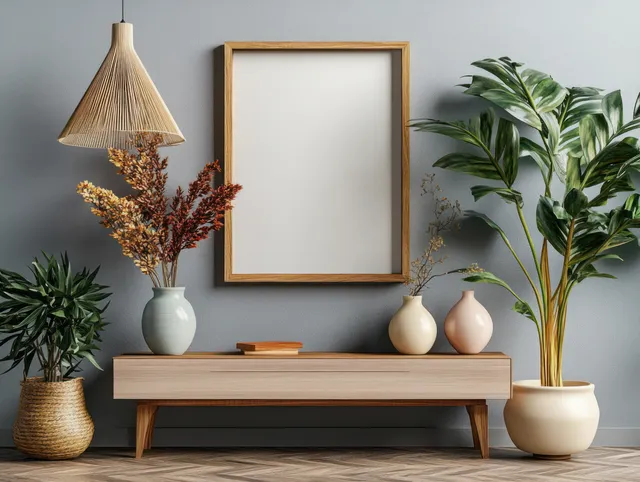 Minimalist poster frame above a scandinavian console with ceramic vases, lamp, and potted plants against a pale wall.