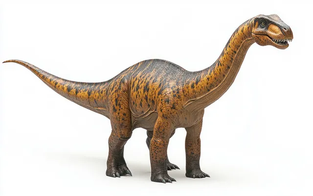 A brachiosaurus dinosaur 3D render stands on a white background with detailed scaly skin and long neck.