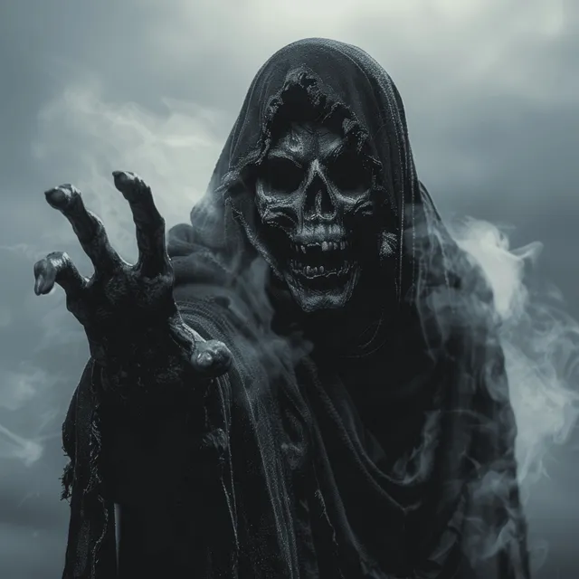 Grim reaper with outstretched hand in smoky dark Halloween scene