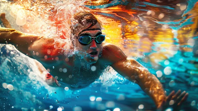Underwater male freestyle swimmer mid-stroke with bubbles and water droplets in a brightly lit pool.