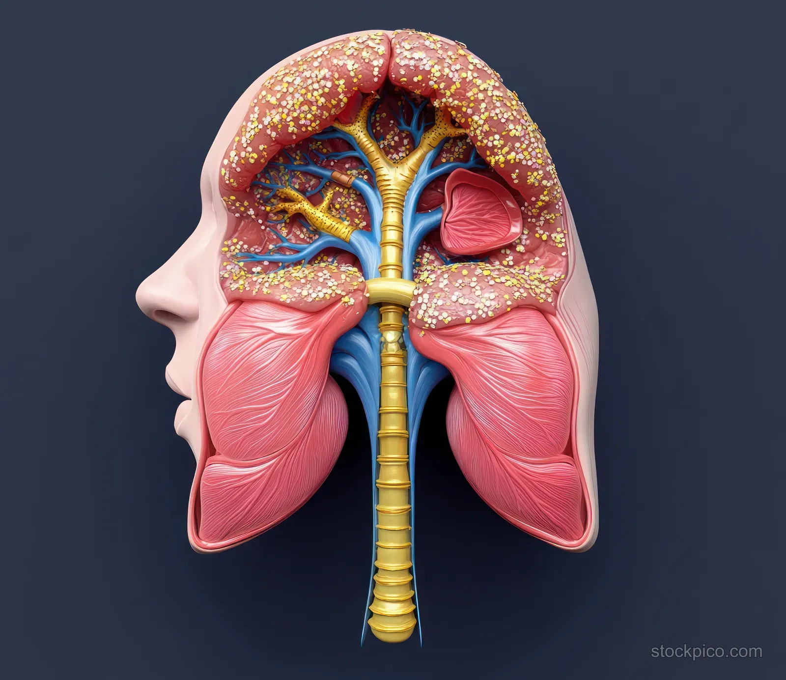 Cross-sectional anatomical illustration shows the human throat and nasal passages leading into the trachea and bronchi.