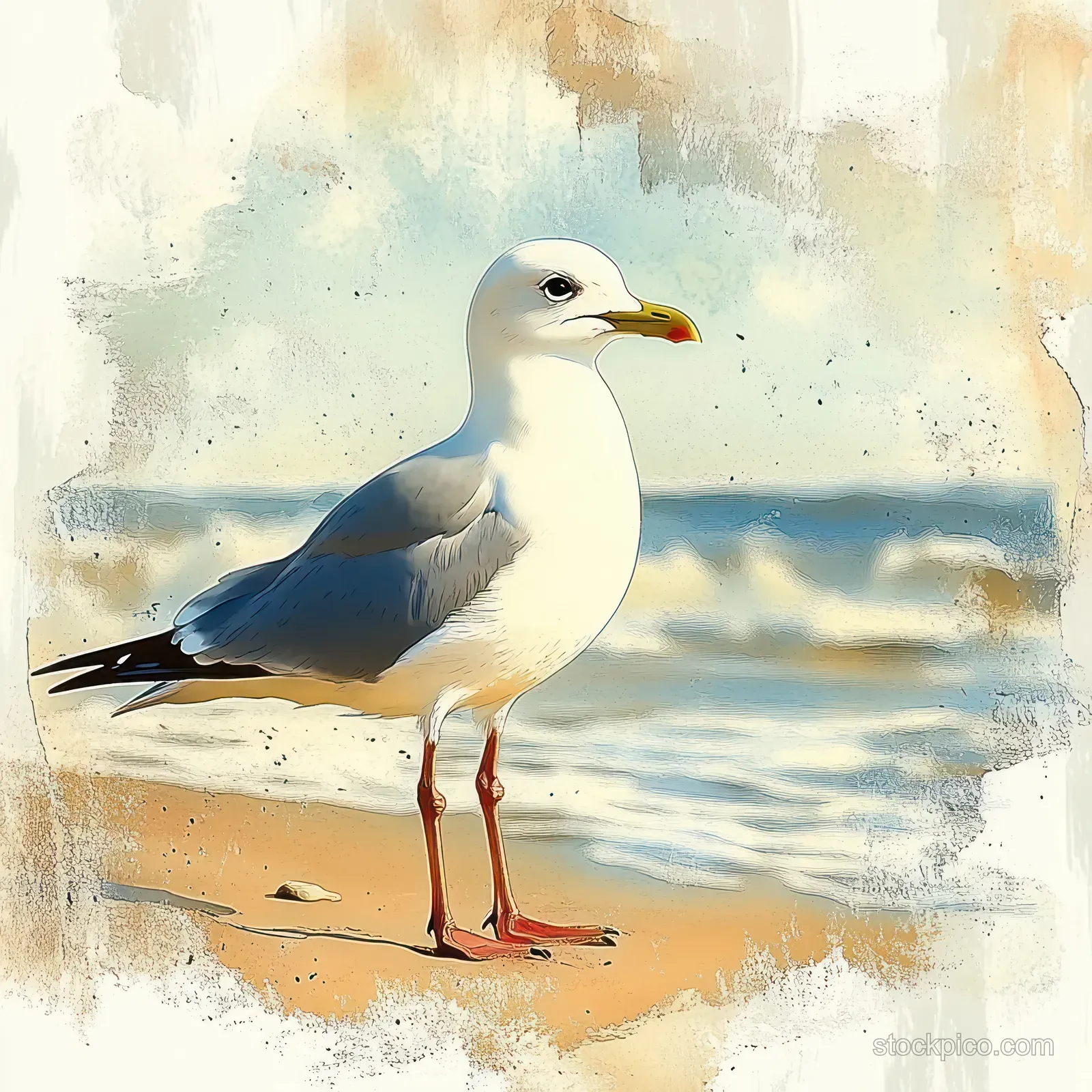 A seagull stands on sand near the shoreline with soft watercolor waves in blue and beige.