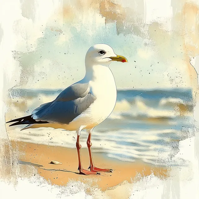 Seagull standing on sandy beach, gentle waves and pastel watercolor ocean background