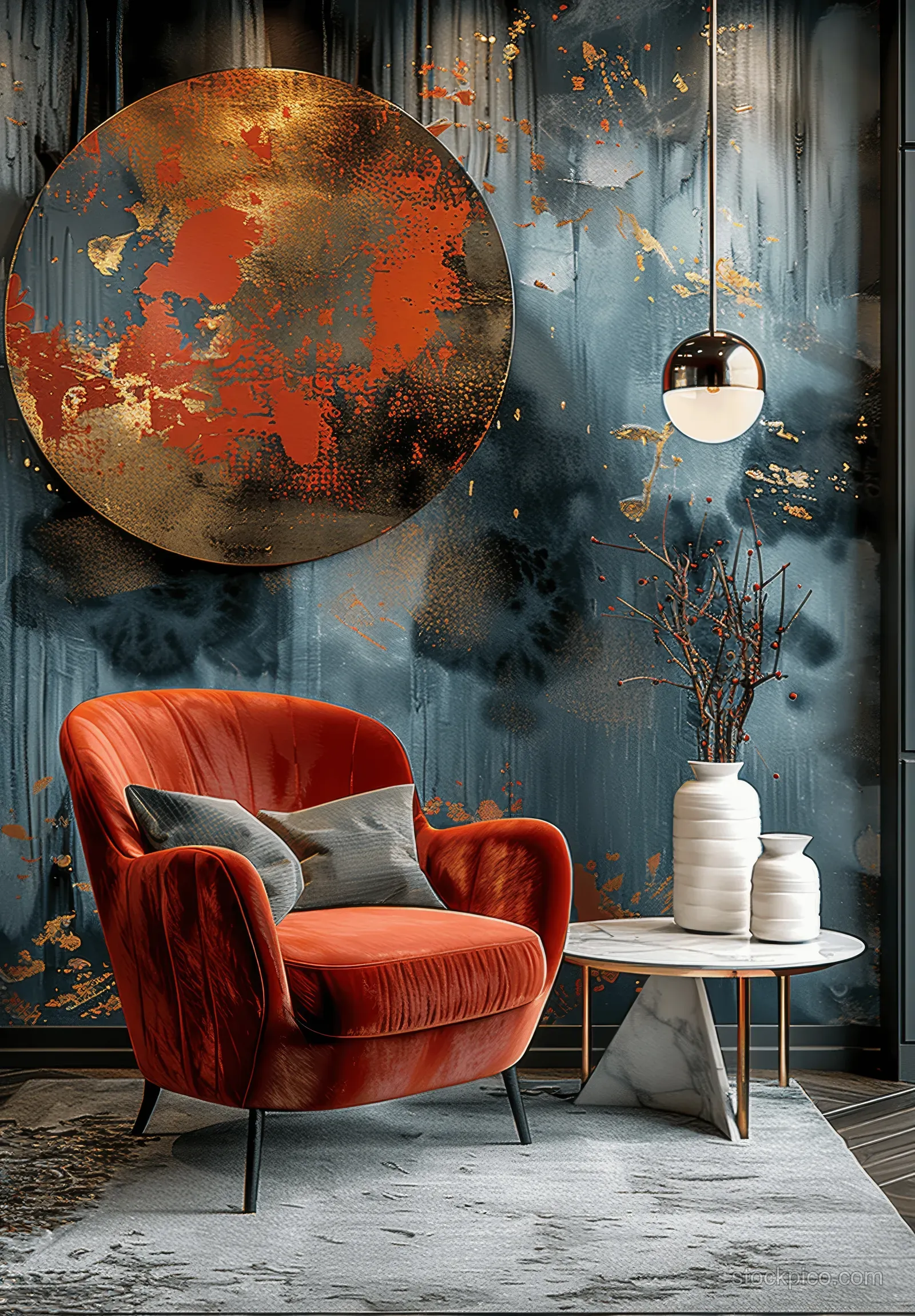 Red velvet barrel armchair beside a marble coffee table with vases in a modern living room interior.