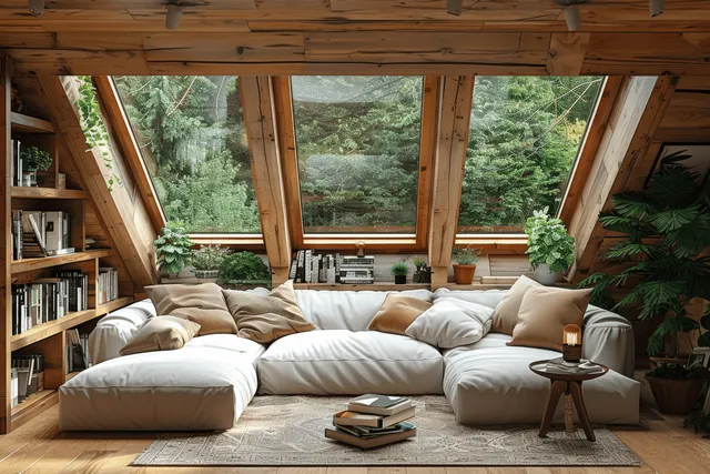 Cozy attic living room with white sectional sofa, skylights, and wooden beams