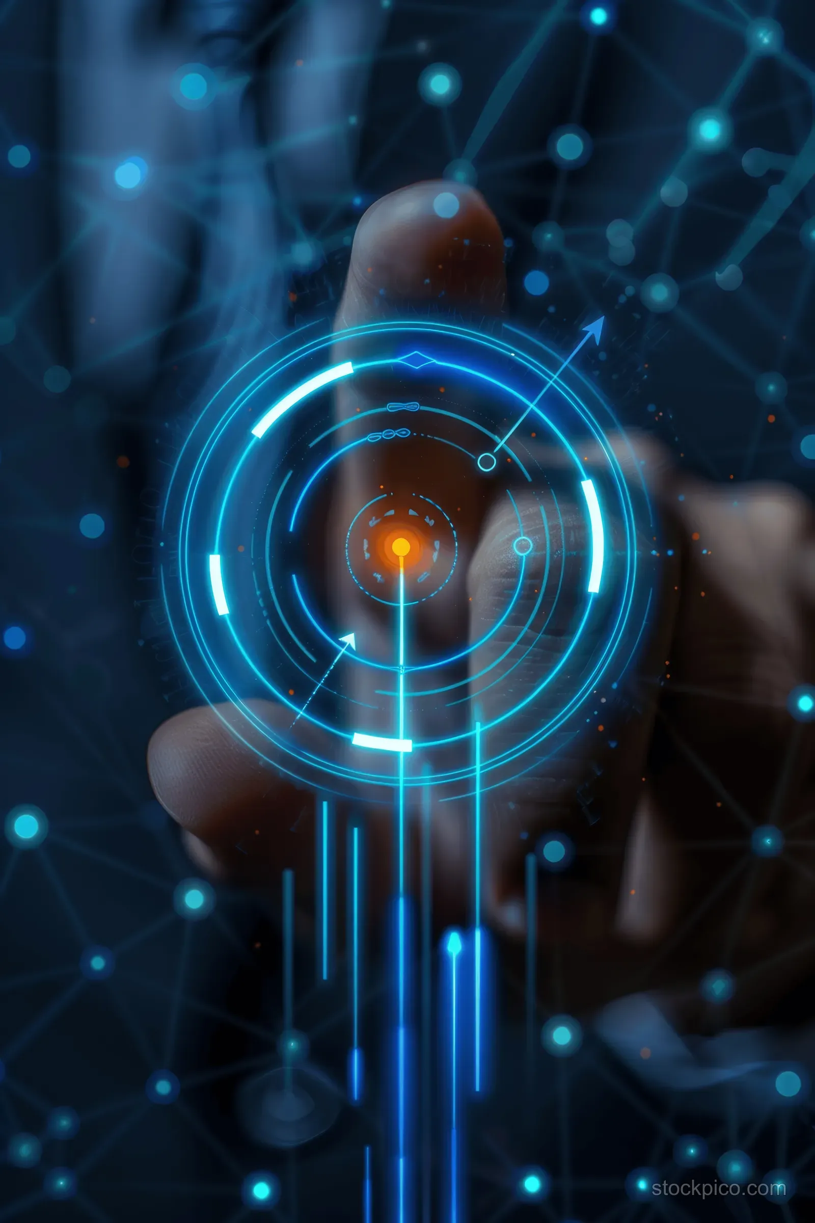 A businessman taps a glowing virtual screen displaying a growth arrow and target over digital network graphics.