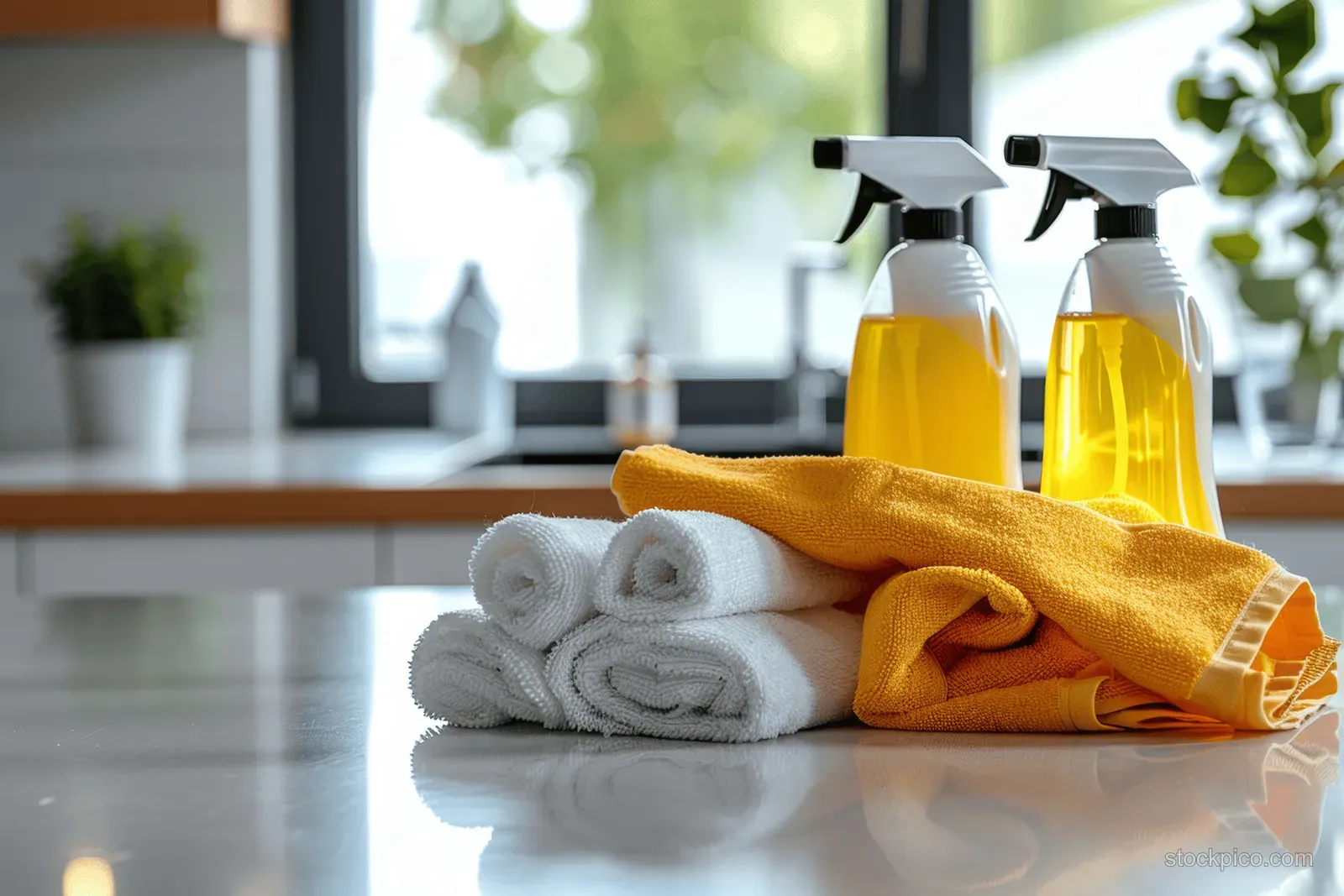 Two yellow spray bottles and folded microfiber cloths sit on a kitchen counter near a window.