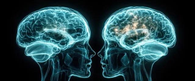 Two translucent heads facing each other, glowing brain networks inside on dark background