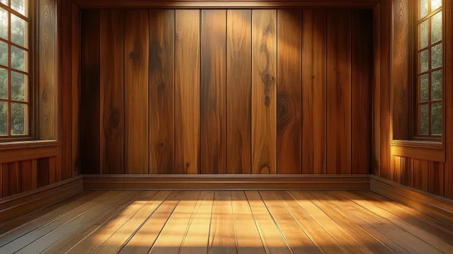 Empty wooden room with polished floorboards and warm sunlight entering through tall windows.