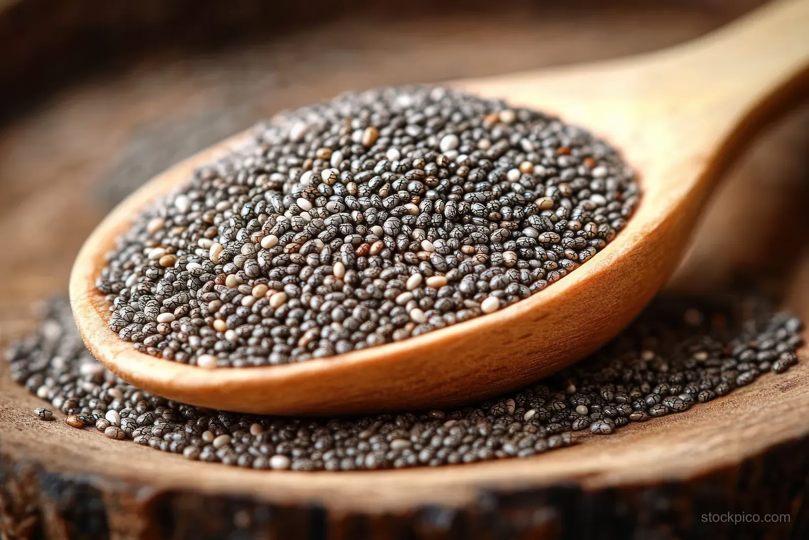 Black and white chia seeds fill a wooden spoon on a rustic wood surface, revealing seed texture.