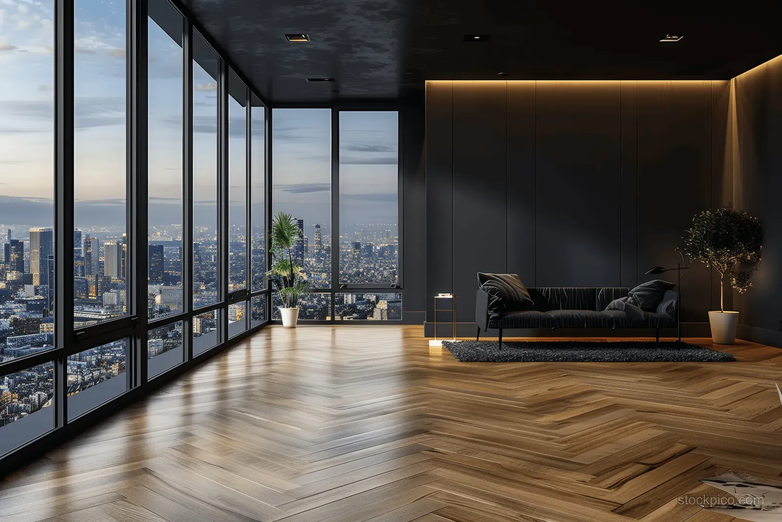 Minimalist living room with parquet floor, black walls, and panoramic windows showing a city view at dusk.