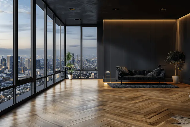 Minimalist apartment living area with parquet floor and panoramic city windows at dusk