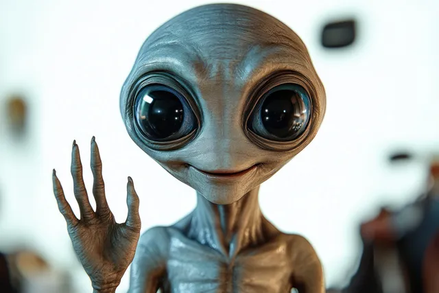 A small gray alien waves with slender fingers and large black eyes in a brightly lit, blurred indoor background.