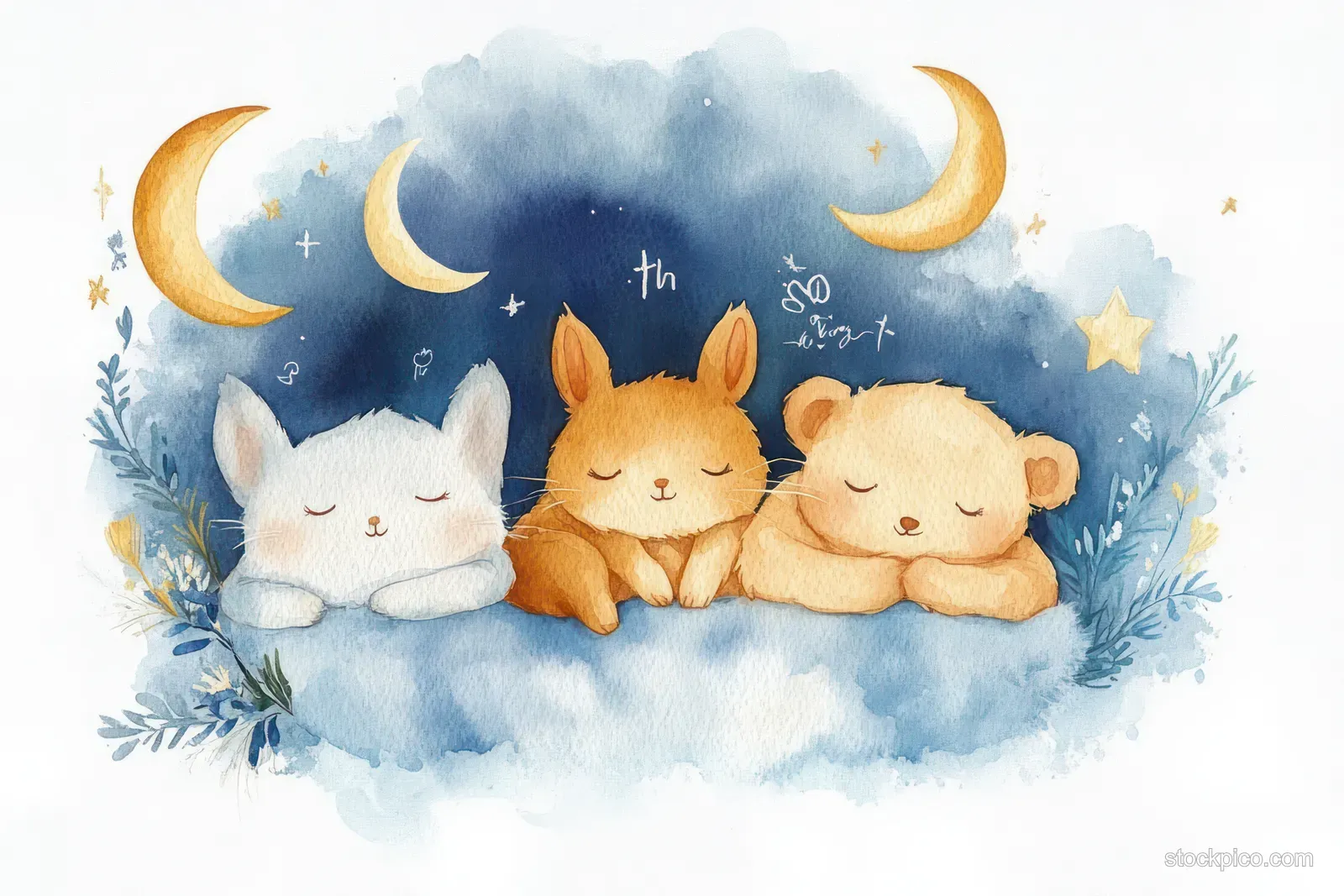Pastel watercolor illustration of a sleeping cat, bear, and bunny inside moonlit clouds with stars and crescent moons.