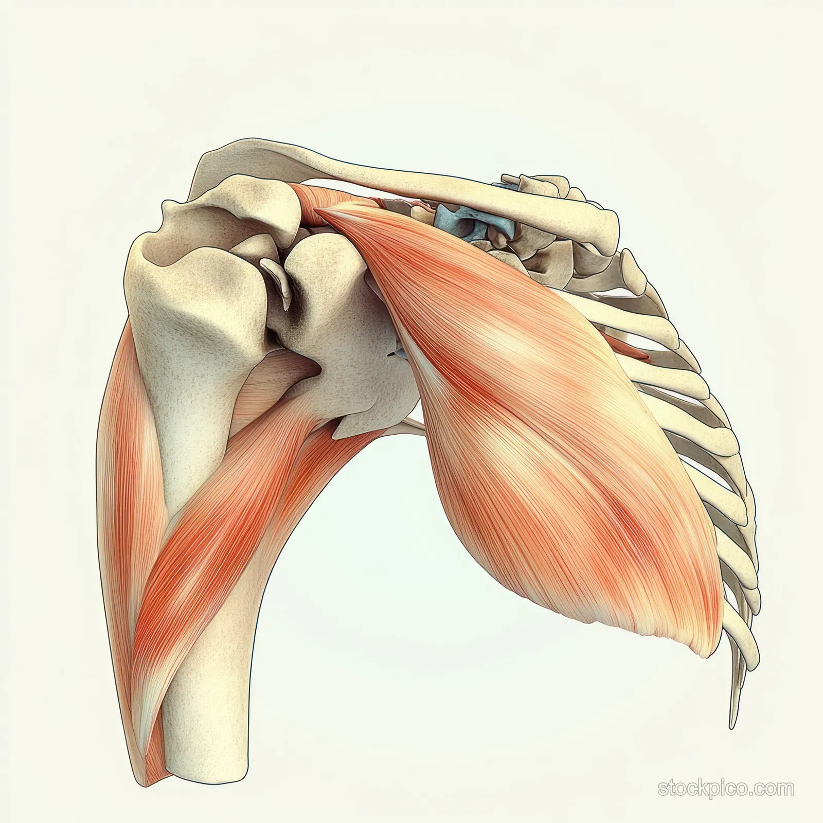 Side view anatomical illustration displaying shoulder muscles over the scapula and humerus with realistic soft shading.
