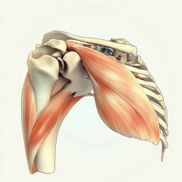 Side-view anatomical shoulder diagram showing deltoid muscles, scapula, and humerus with realistic shading